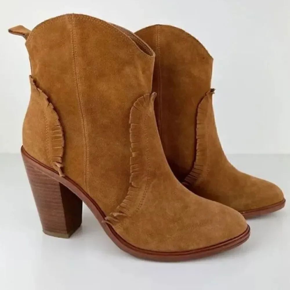 Tan Suede Joie Booties with Fringe - Heeled Boots - Size 38 1/2 - LIKE NEW